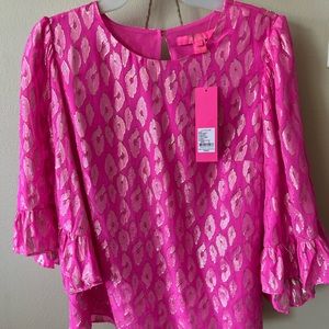 NWT Lilly Pulitzer Francis Silk Top in Raz Berry/ Leopard Metallic